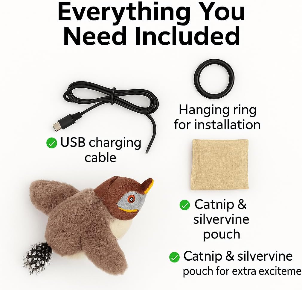 What's included: bird, USB cable, hanging ring, catnip pouch